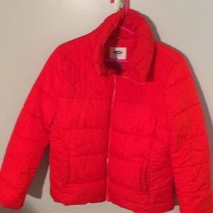 Red puffer jacket